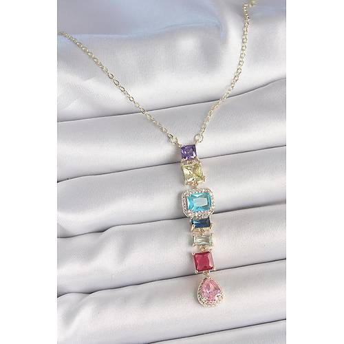 Gold Kar���k Renk Zirkon Ta�l� Y Pirin� Kolye