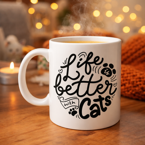 Life is Better With Cats � Kedi Severlere �zel Porselen Kupa MODEL 59 Sevimli Tasar�m Hediyelik Kahve Kupas�