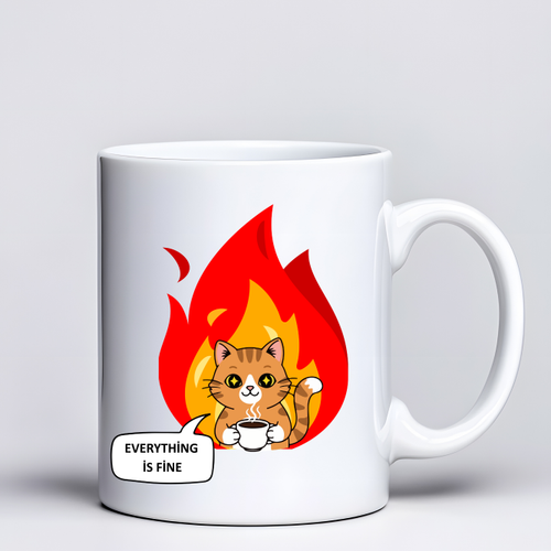 Everything Is Fine Yaz�l� Kedi Tasar�ml� Kupa Model 234 Mizahi Bask�l� Seramik Kahve Kupas�