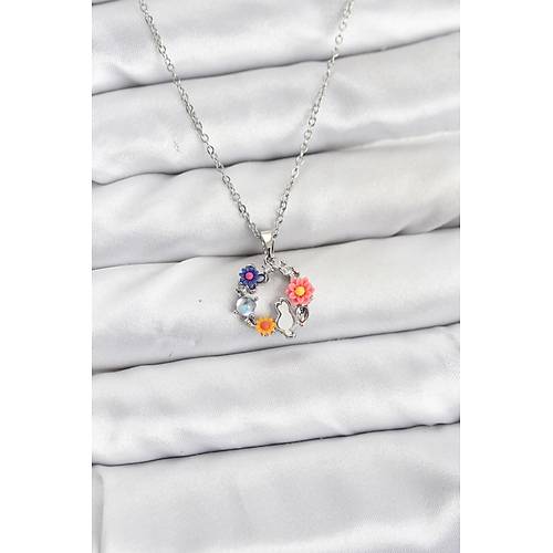 316L �elik Zincir G�m�� Renk �i�ekli Kedili Model Kad�n Kolye