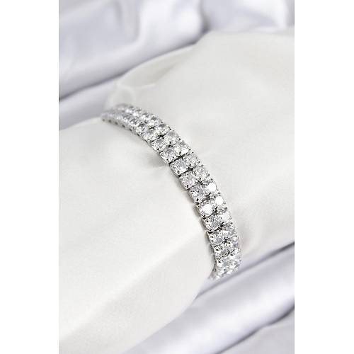 Pirin� Zirkon Ta�l� �ift S�ra Kare Model G�m�� Renk Asans�rl� Kad�n Bileklik