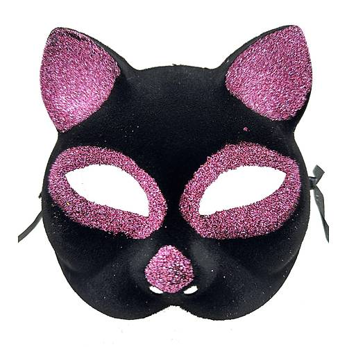 Siyah Renk Pembe Simli S�et Kaplama Kedi Maskesi 18x14 cm