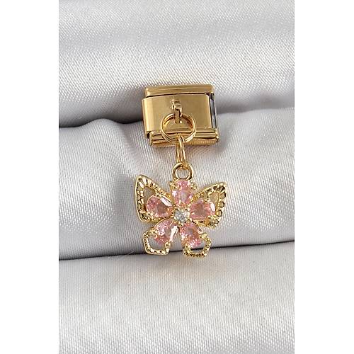 316L �elik Sallant�l� Zirkon Ta�l� �i�ek Fig�rl� Kelebek Model Gold Renk Nomination Charm