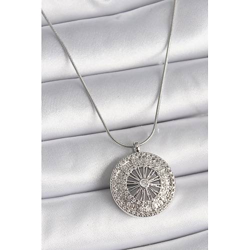 316L �elik G�m�� Renk Zirkon Ta�l� 12 Bur� Madalyon Model Kad�n Kolye