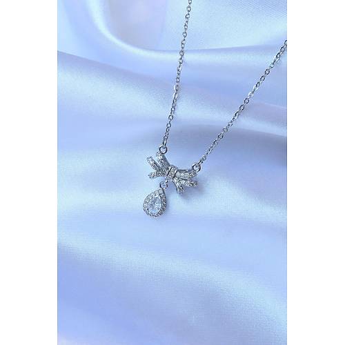 316L �elik Zincirli G�m�� Renk Zirkon Ta�l� Damla Detay Fiyonk Model Kolye