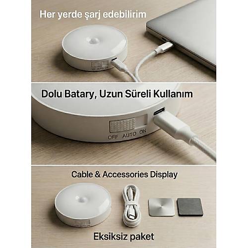 Hareket Sens�rl� Yuvarlak LED Ayd�nlatma & USB �arjl� Pratik Gece Lambas� (8 cm)