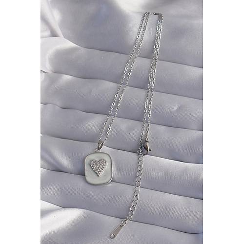 316L �elik Zincir Mermer Desenli G�m�� Renk Zirkon Ta�l� Kalp Model Kolye