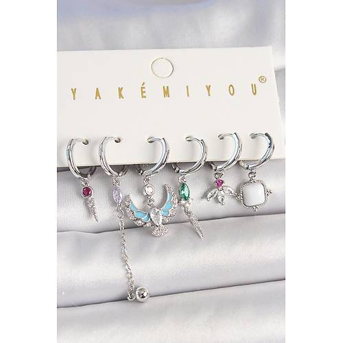 Pirin� G�m�� Renk Zirkon Ta�l� Ku� Fig�r �i�ek Detay 6'L� Kad�n Kombin K�pe