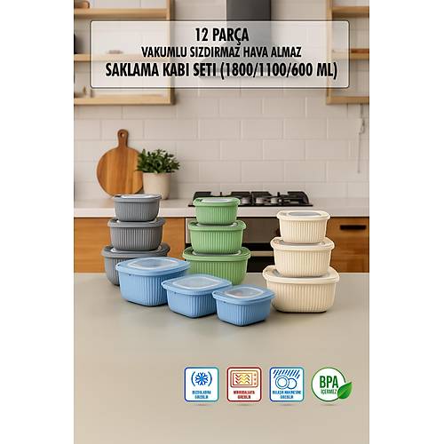 Kare 12 Par�a Vakumlu S�zd�rmaz Hava Almaz Saklama Kab� Seti Kar���k 4x(1800/1100/600 Ml)