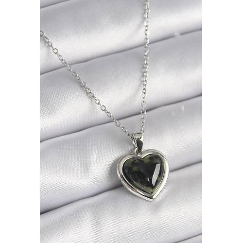 316L �elik G�m�� Renk Ye�il Mineli Kalp Model Kad�n Kolye