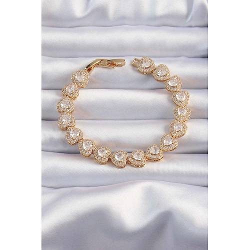 Pirin� Vip Seri Gold Renk Zirkon Ta�l� Kalp Model Bileklik