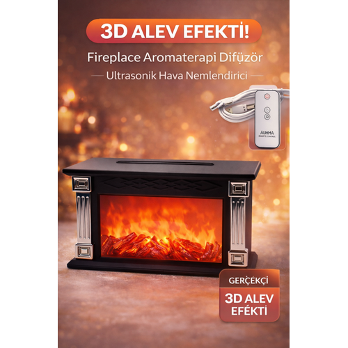 AUHMA Fireplace Aromaterapi Dif�z�r 300ML Ultrasonik Hava Nemlendirici Kumandal� 3D Alev Efektli Buhar Makinesi