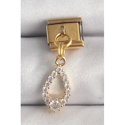 316L �elik Gold Renk Sallant� Zirkon Ta�l� Damla Model Nomination Charm