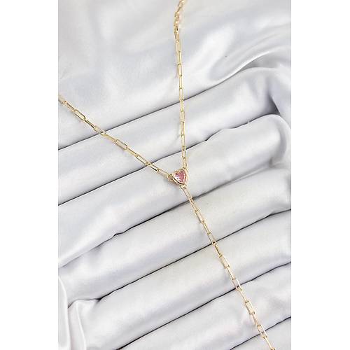 Pirin� Zirkon Ta�l� Pembe Kalp Fig�rl� Y Model Gold Renk Kad�n Kolye