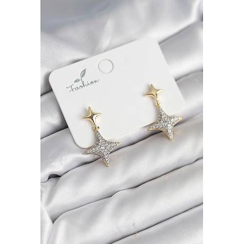 Kutup Y�ld�z� Pirin� Gold Renk Zirkon Ta�l� Kad�n K�pe