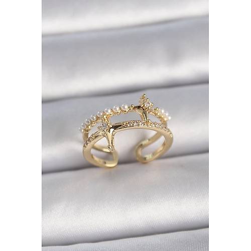 Pirin� Gold Renk Ayarlanabilir Zirkon Ta�l� �ncili Y�ld�z Model Kad�n Y�z�k