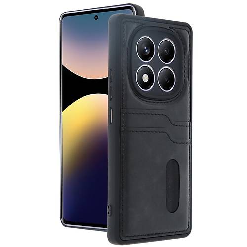 Redmi Note 14 Pro 4G K�l�f Sara Kartvizitli Deri K�l�f - Siyah