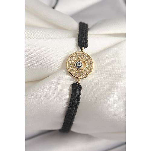 Pirin� Gold Renk Zirkon Ta�l� Nazar Boncuk ��leme Makrome Asans�rl� Model Kad�n Bileklik