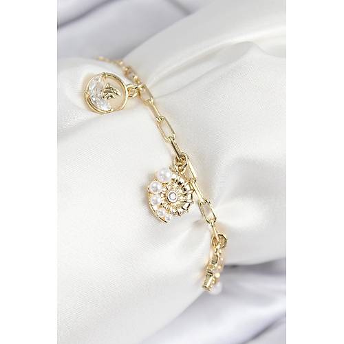 Pirin� Zirkon Ta�l� Deniz Kabu�u Model Gold Renk Kad�n Bileklik