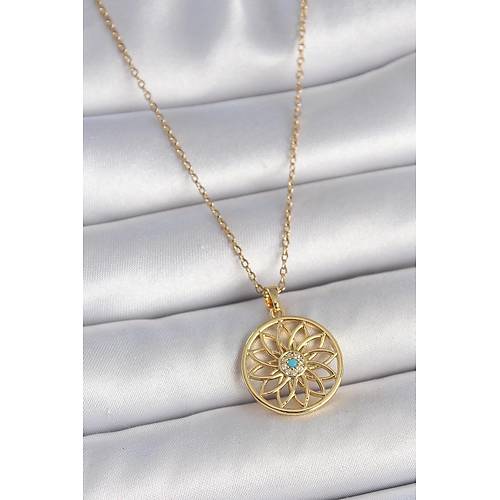 316L �elik Gold Renk Zincr Mavi Ta�l� Lotus Model Kad�n Kolye