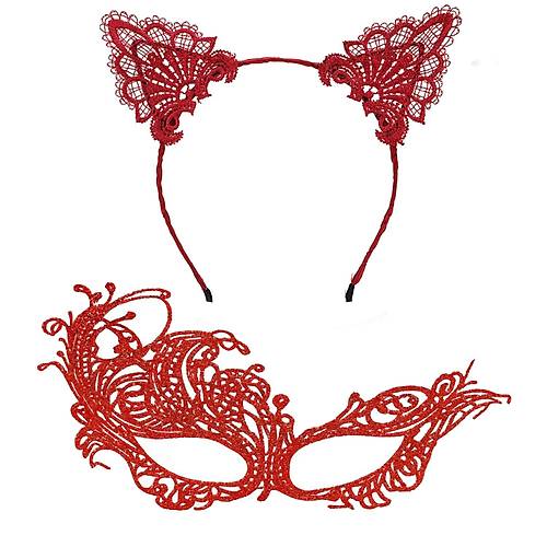 Gizemli K�rm�z� Dantel Maske ve Ta� Seti 1 No - Kost�m Seti