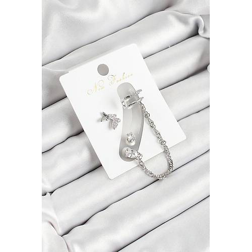 Pirin� Kelebek Fig�rl� Zirkon Ta�l� G�m�� Renk 3'l� K�k�rdak Kad�n K�pe Set