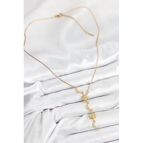 316L �elik Zirkon Ta�l� G�ne� Ve Ay Model Gold Renk Kad�n Kolye