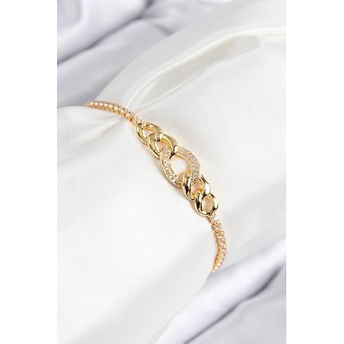 Pirin� Zirkon Ta�l� Zincir Model Gold Renk Asans�rl� Kad�n Bileklik