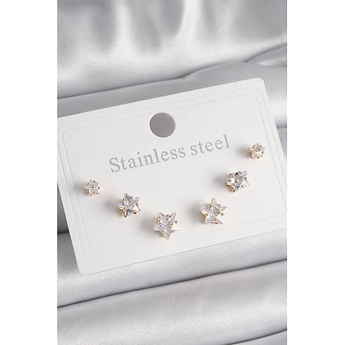 316L �elik Gold Renk Zirkon Ta�l� Y�ld�z Model Kad�n K�pe Seti