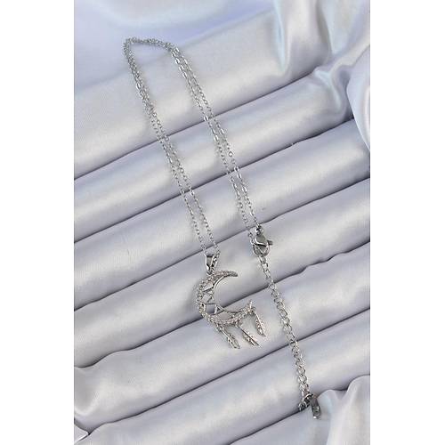 316L �elik Zincir G�m�� Renk ��lemeli Zirkon Ta�l� Ay Kolye