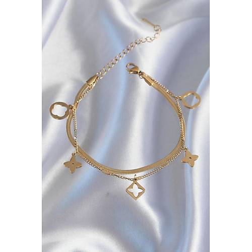 316L �elik Gold Renk �ift Zincir Yonca Tasar�m Bileklik