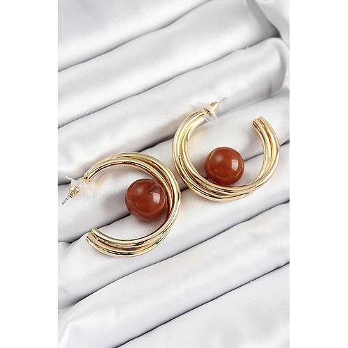 Pirin� Gold Renk Halka Model Kahverengi Boncuk Detay Kad�n K�pe