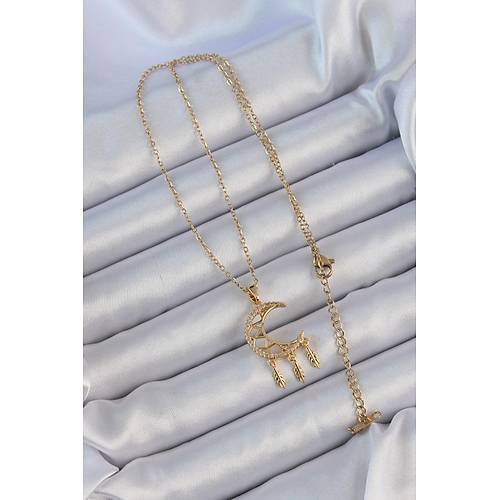 316L �elik Zincir Alt�n Renk ��lemeli Zirkon Ta�l� Ay Kolye