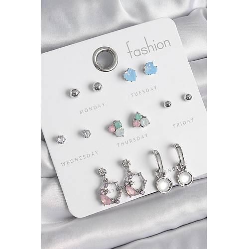 Pirin� G�m�� Renk Zirkon Ta�l� Sallant� Halka Model �i�ek Detay 7 �ift Kad�n K�pe Seti