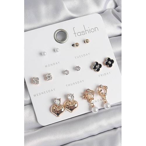 Pirin� Gold Renk Zirkon Ta�l� Kalp Fig�r Siyah Yonca Detay 7 �ift Kad�n K�pe Seti