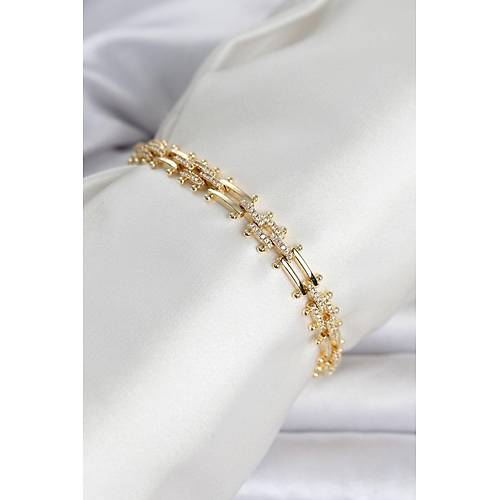 Pirin� Gold Renk Kare Zincir Model Zirkon Ta�l� Kad�n Bileklik