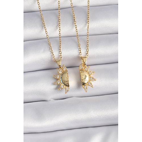 316L �elik Gold Renk Zirkon Ta�l� G�ne� Model ��leme Yaz� Detay Arkada� Kolyesi