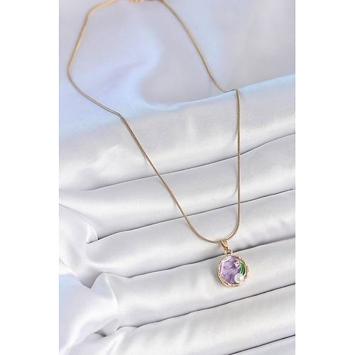 316L �elik Gold Renk Zincir Mor �i�ek ��lemeli Zirkon Ta� �nci Detayl� Minimal Portre Model Kad�n Kolye