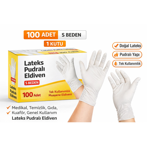 Lateks Pudral� Eldiven S Beden 100�l� 1 Kutu Tek Kullan�ml�k Muayene Eldiveni Do�al Lateks Koruyucu Eldiven