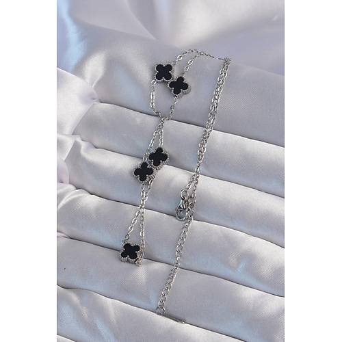 316L �elik G�m�� Renk Minimal Siyah Mineli Yonca Kolye