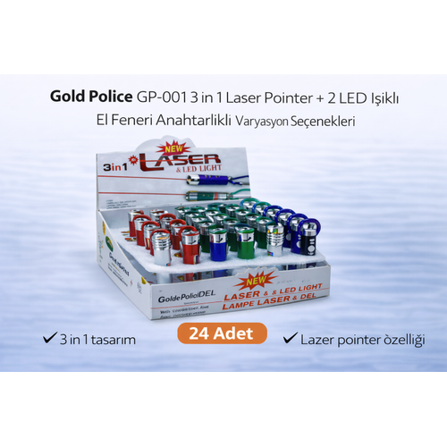 Gold  GP-001 3 in 1 Lazer + 2 LED I��kl� El Feneri Anahtarl�kl� 24 Adet