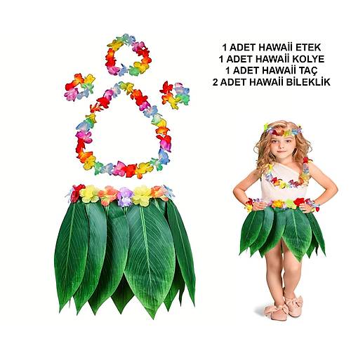 �ocuk Hawaii Kost�m Seti - Yaprak Etek & Hawaii Set - 5 Par�a