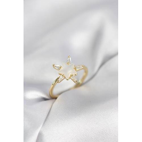 Gold Renk Y�ld�z Model Sedefli Zirkon Ta�l� Kad�n Y�z�k