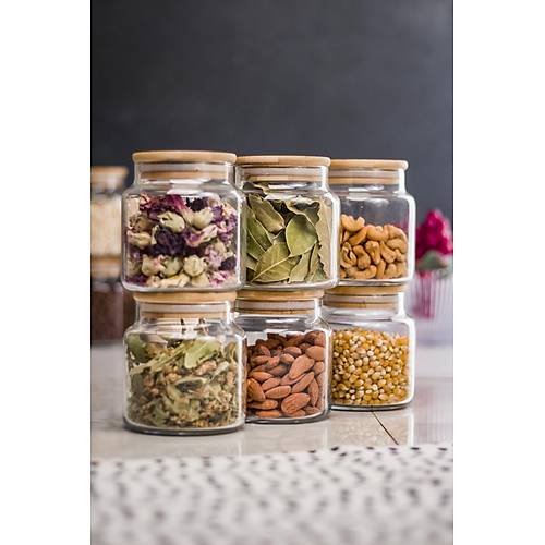 6'l� Bambu Kapakl� Cam Kavanoz & Baharat Tak�m� & Baharatl�k Seti 500 ML ( Vakum Kapak )
