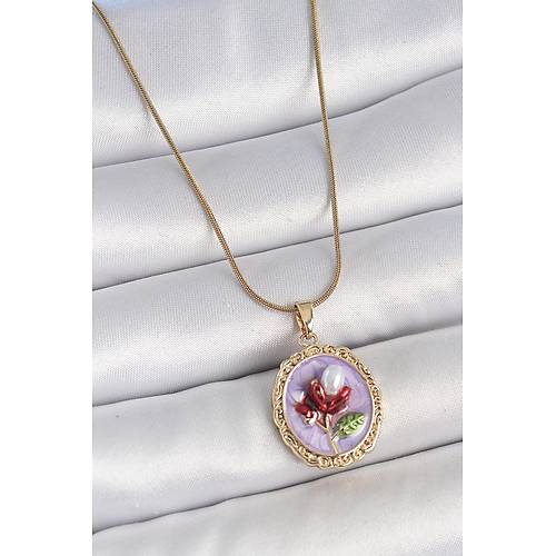 316L �elik Gold Renk Zincir Mor Mineli �ncili �i�ek ��lemeli Portre Model Kad�n Kolye
