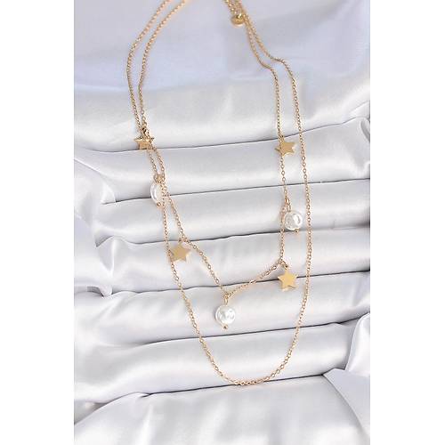 316L �elik Gold Renk 2'Li Zincir Sallant� Y�ld�z �nci Model Kad�n Kolye