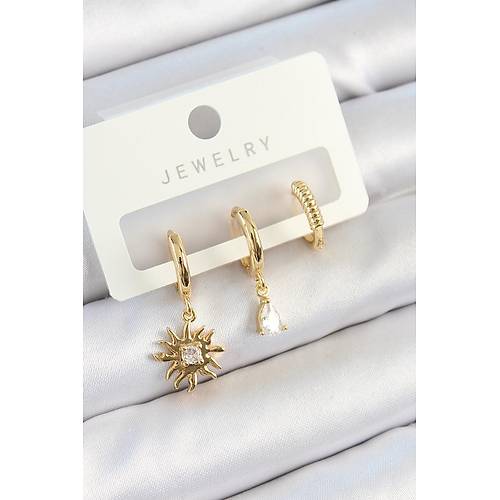 Pirin� Zirkon Ta�l� G�ne� Model Gold Renk 3'l� �ift Kad�n K�pe Set