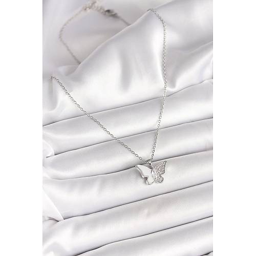 316L �elik G�m�� Renk Zincir Zirkon Ta�l� Beyaz Mineli Kelebek Model Kad�n Kolye
