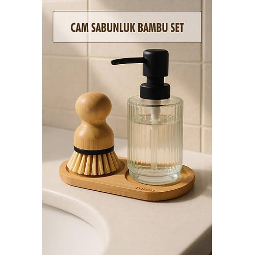 3 Par�a Bambu Altl�kl� Sabunluk ve Temizlik F�r�a Seti
