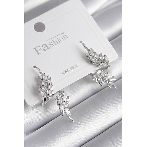 Pirin� G�m�� Renk Zirkon Ta�l� Yaprak Model Kad�n K�pe